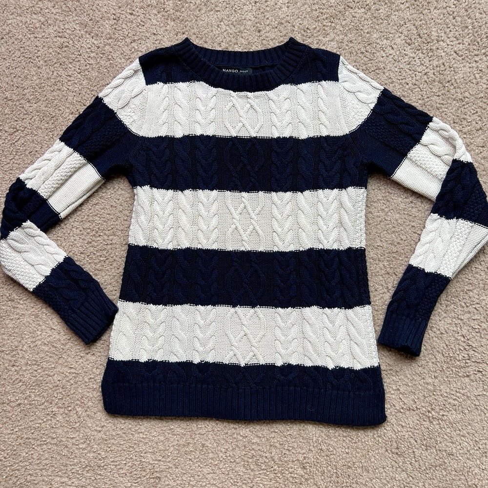 Mango Striped Navy White‎ Cotton Cable Knit Sweater Size XS/S